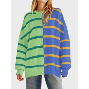 Boutique Dopamine Sweater Striped Green‎ And Blue Viscose Hi Low XL Oversized